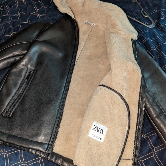 Zara men's double faced black leather jacket coat - Picture 2 of 10